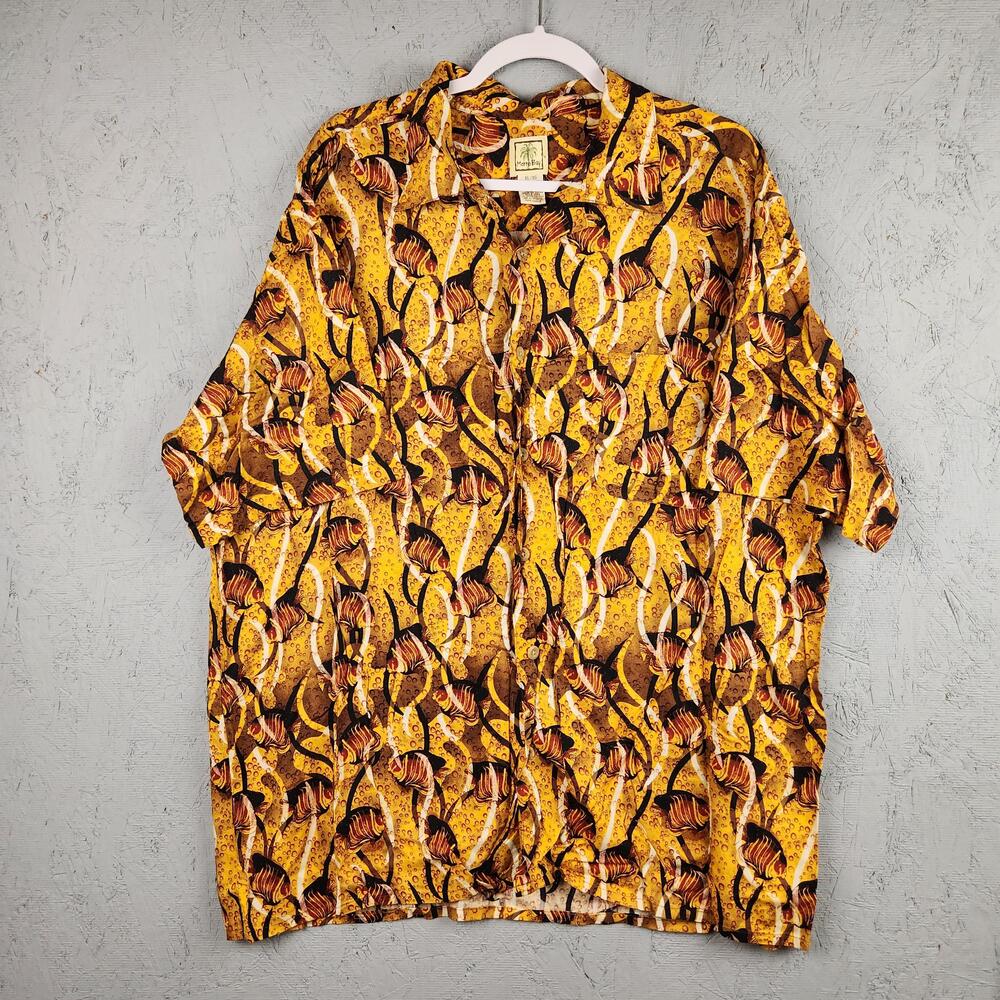 Vintage Morro Bay Shirt Mens XL Yellow Hawaiian Camp Tropical Fish Loop Collar